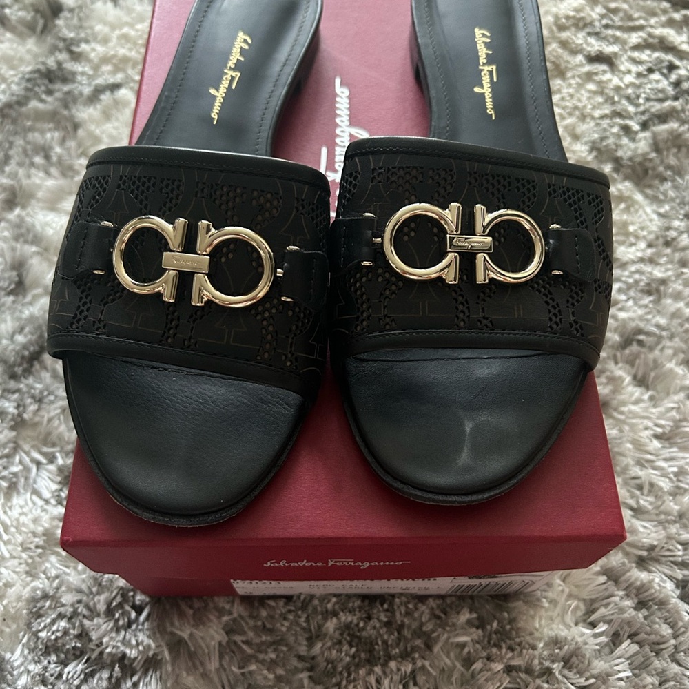 Salvatore Ferragamo Black Mules with Gold Hardware